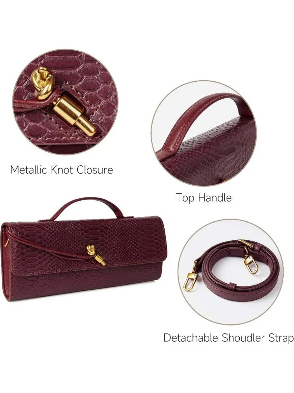 Womens Wine Croco Leather Suede Clutch Purse Evening Crossbody Handbag